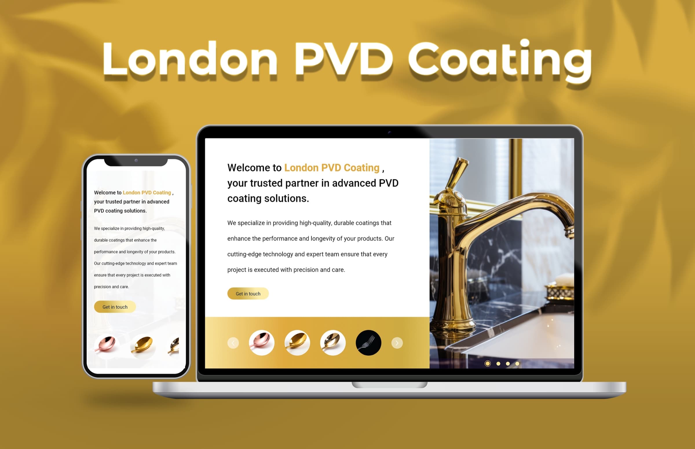 London PVD Coating complete website design, laid out across desktop and mobile views in a single design file