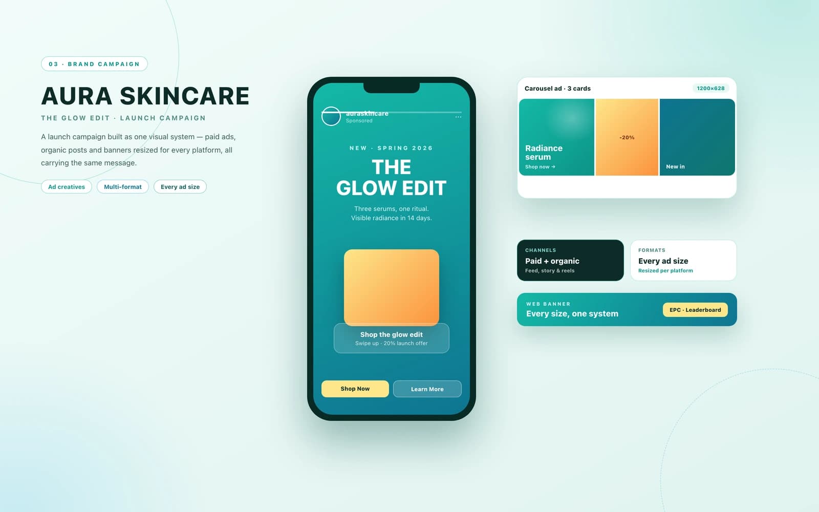 Brand campaign mockup — a skincare launch shown as a story ad, a carousel ad in teal and gold and a web banner