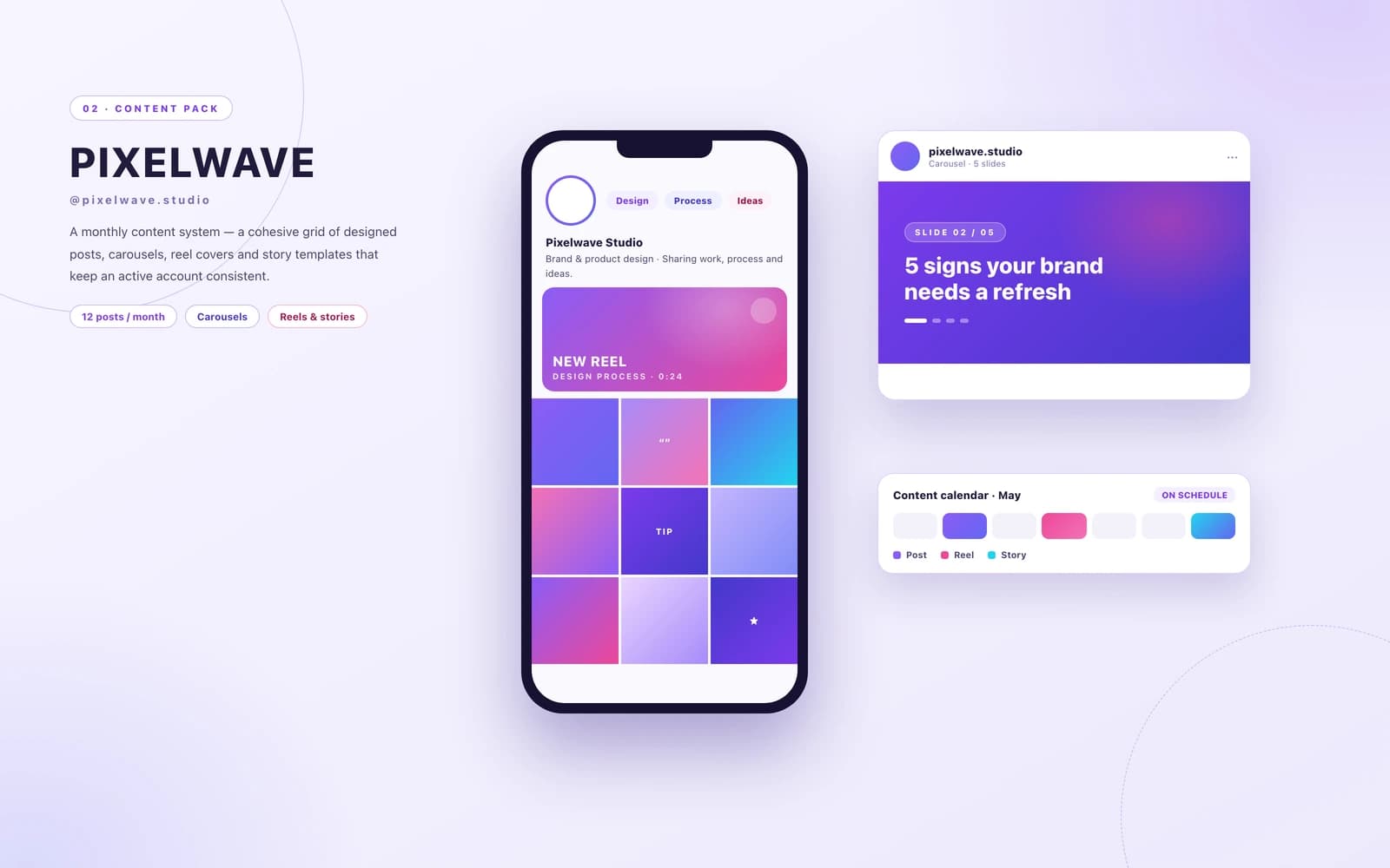 Content design pack mockup — a design studio feed showing a cohesive violet nine-post grid, a featured reel cover and a monthly content calendar