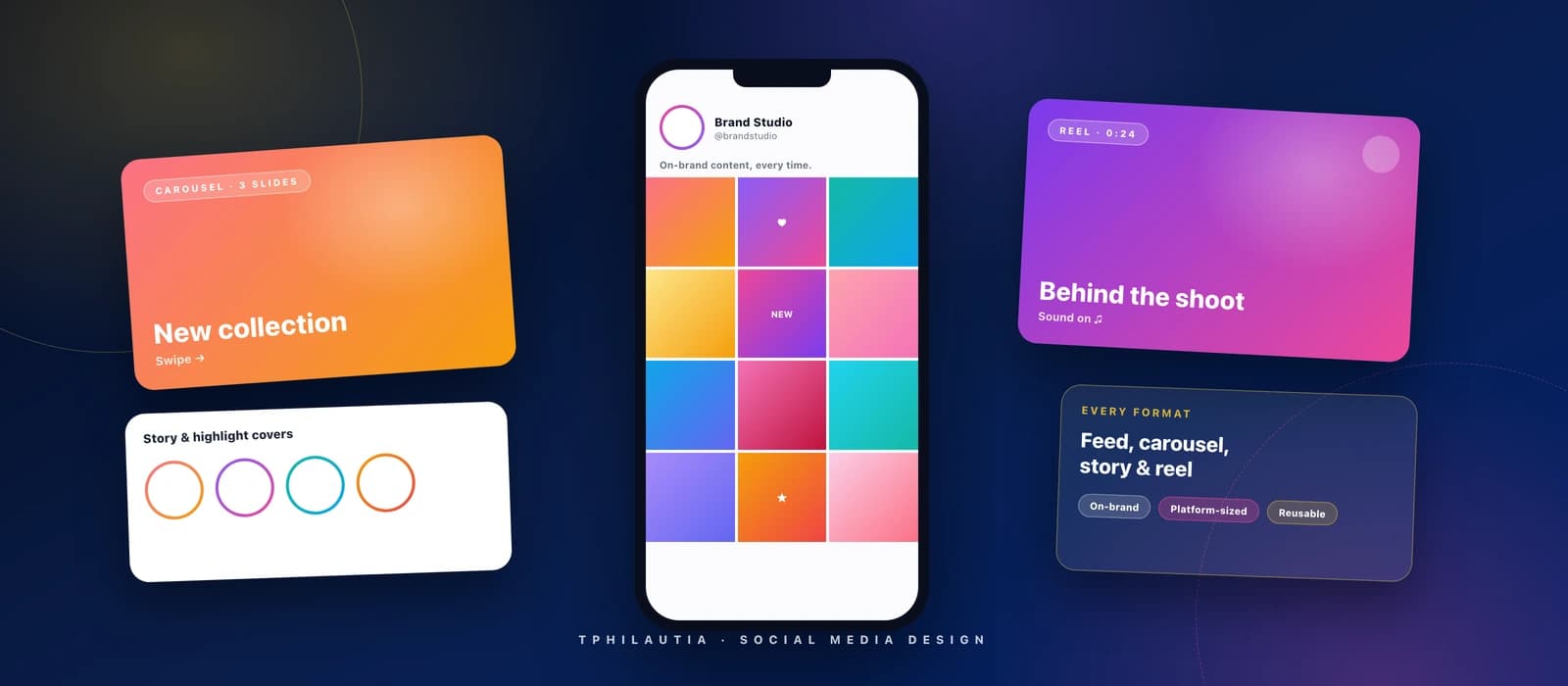 Colourful social media design showcase — a phone feed with on-brand post grids, a carousel, story covers, a reel and a formats panel on a navy backdrop