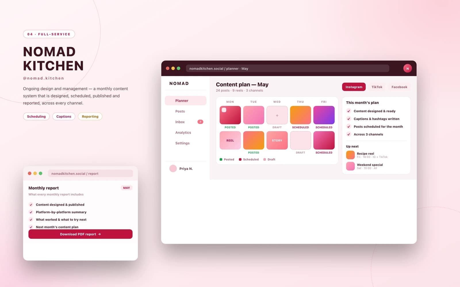 Full-service social management mockup — a rose-toned planner dashboard with a monthly content grid across platforms and a plan and reporting panel