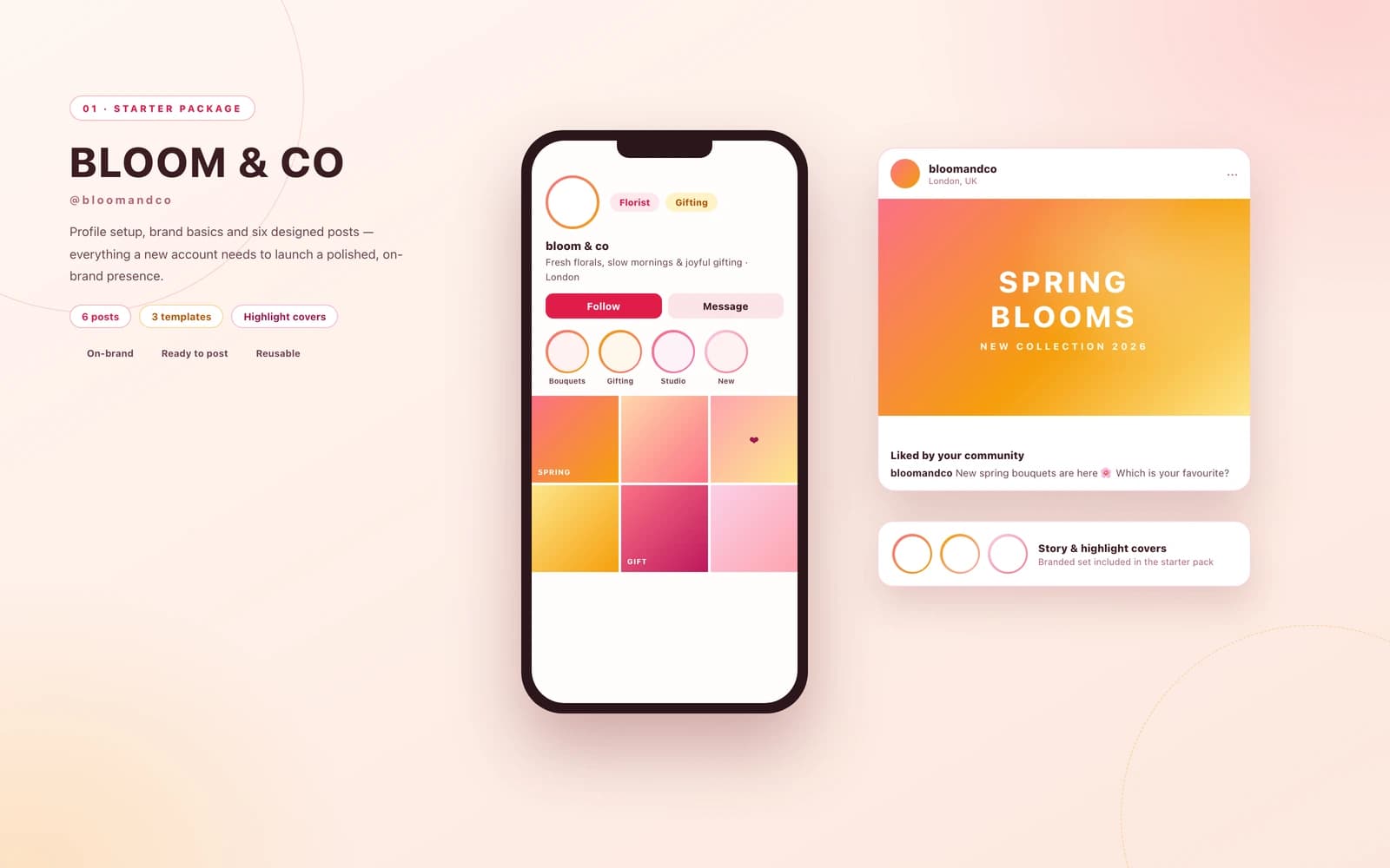 Social media starter package mockup — a florist profile with a styled post grid, highlight covers and a featured coral spring post