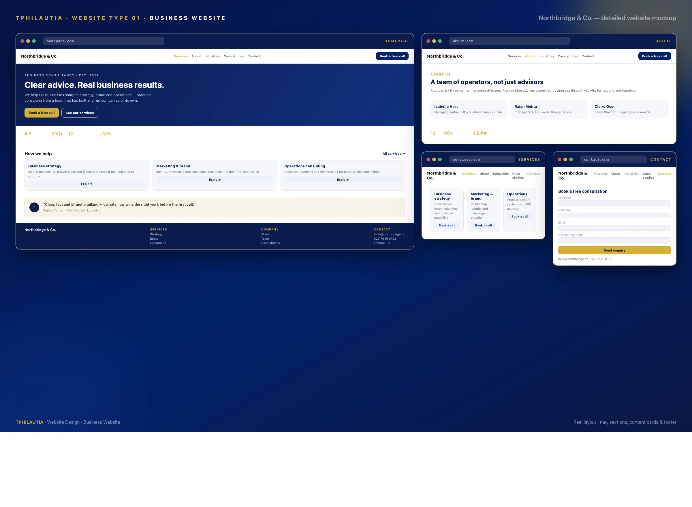 Business and corporate website preview — Northbridge & Co. homepage, about, services and contact screens with a team photo, service cards and a contact form