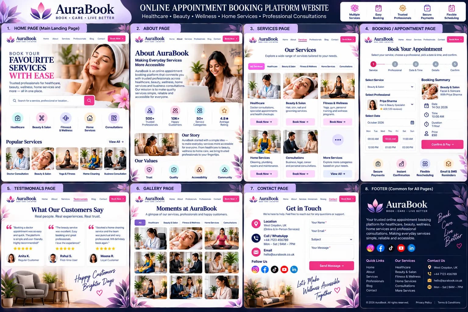 Booking website design — AuraBook appointment booking homepage with services, professionals, blog links and a book-now call to action