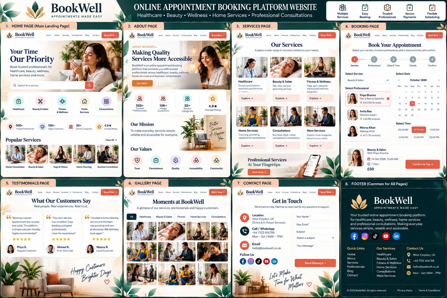 Booking website design example — BookWell appointments homepage with trusted professionals for healthcare, beauty and wellness