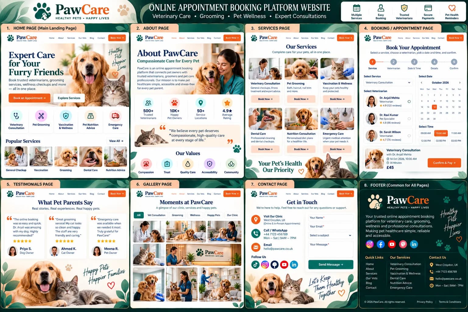 Booking website design example — PawCare pet care appointment booking homepage with book-now call to action