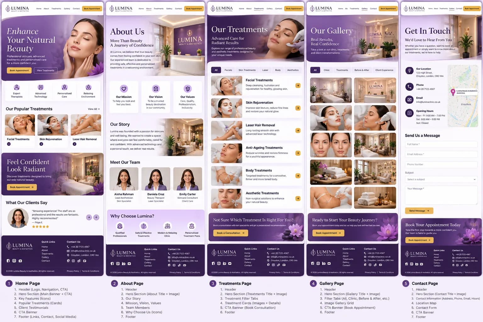 Five-page website design example — Lumina beauty clinic website showcase