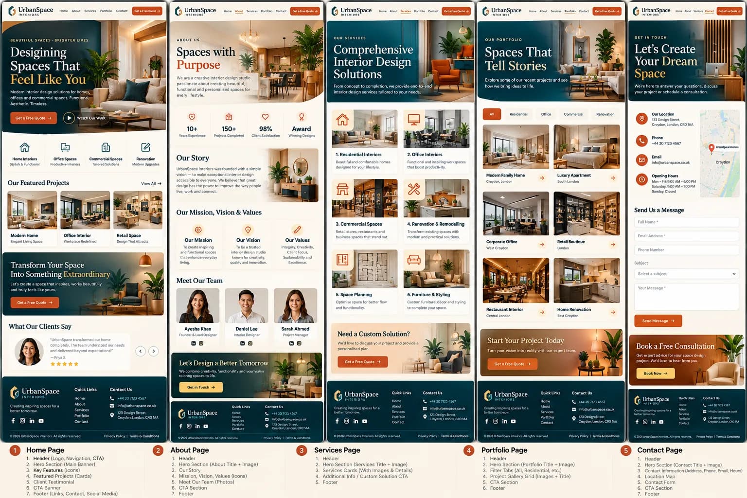 Five-page website design example — UrbanSpace interiors website showcase