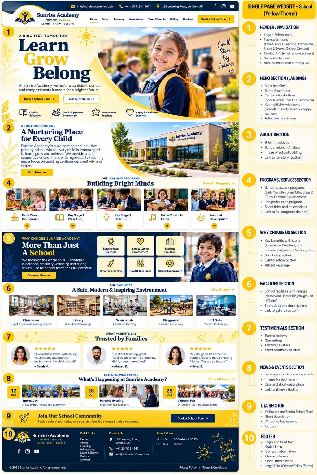 One-page website design example — Sunrise Academy school single page blueprint