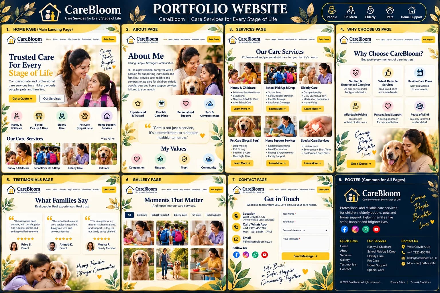 Portfolio website design example — CareBloom care services homepage with why-choose-us and testimonials