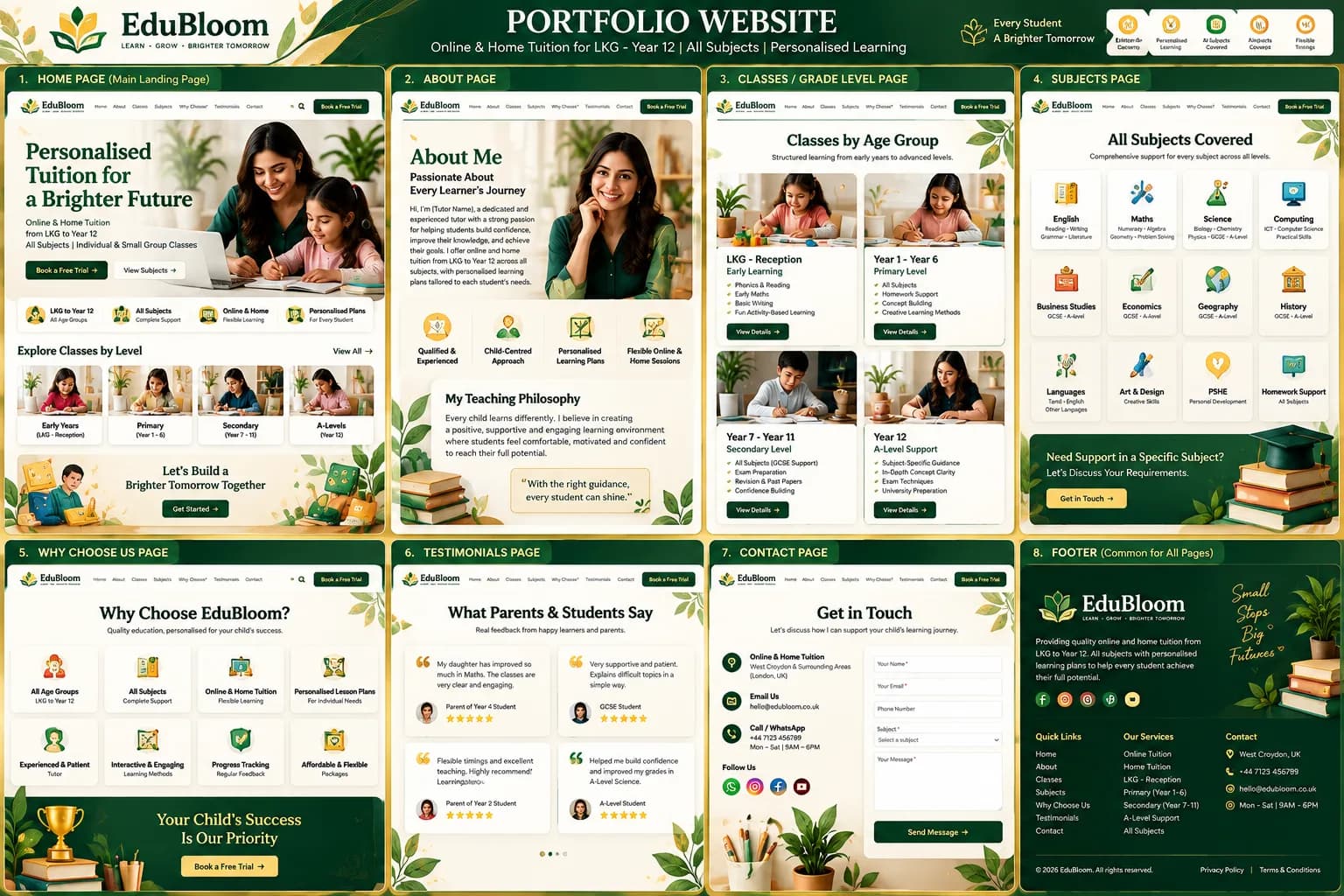 Portfolio website design example — EduBloom tutoring service homepage offering personalised tuition