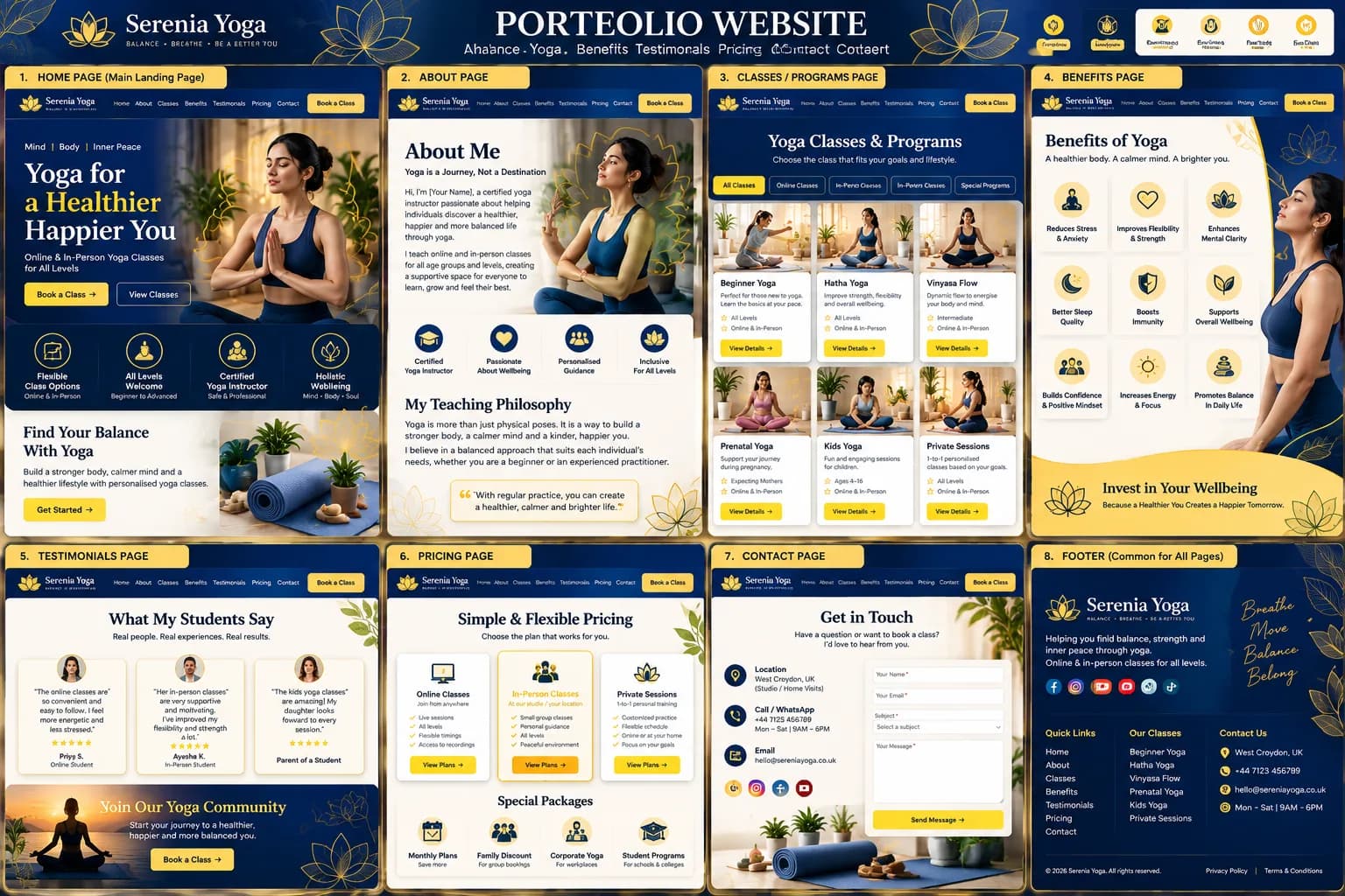 Portfolio website design example — Serenia Yoga studio homepage with classes and testimonials