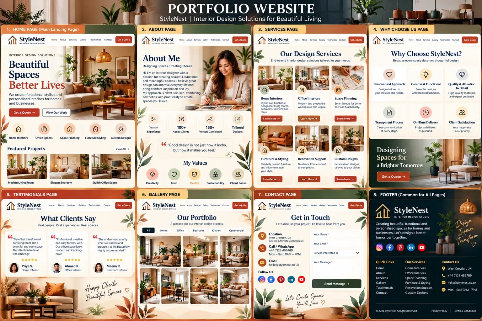 Portfolio website design — StyleNest interior design studio website with services, gallery, testimonials and contact sections