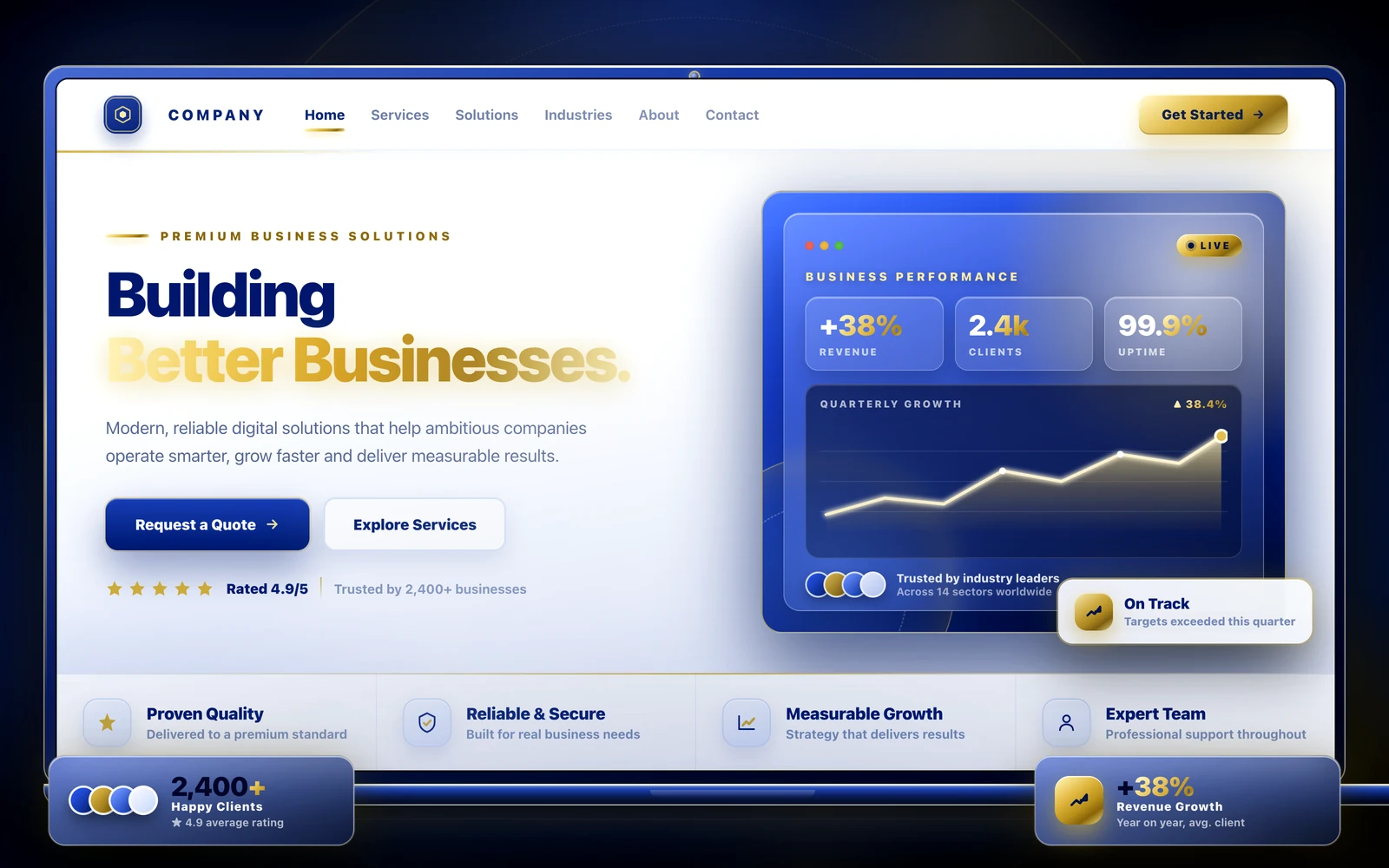 Premium modern business website interface shown on a laptop