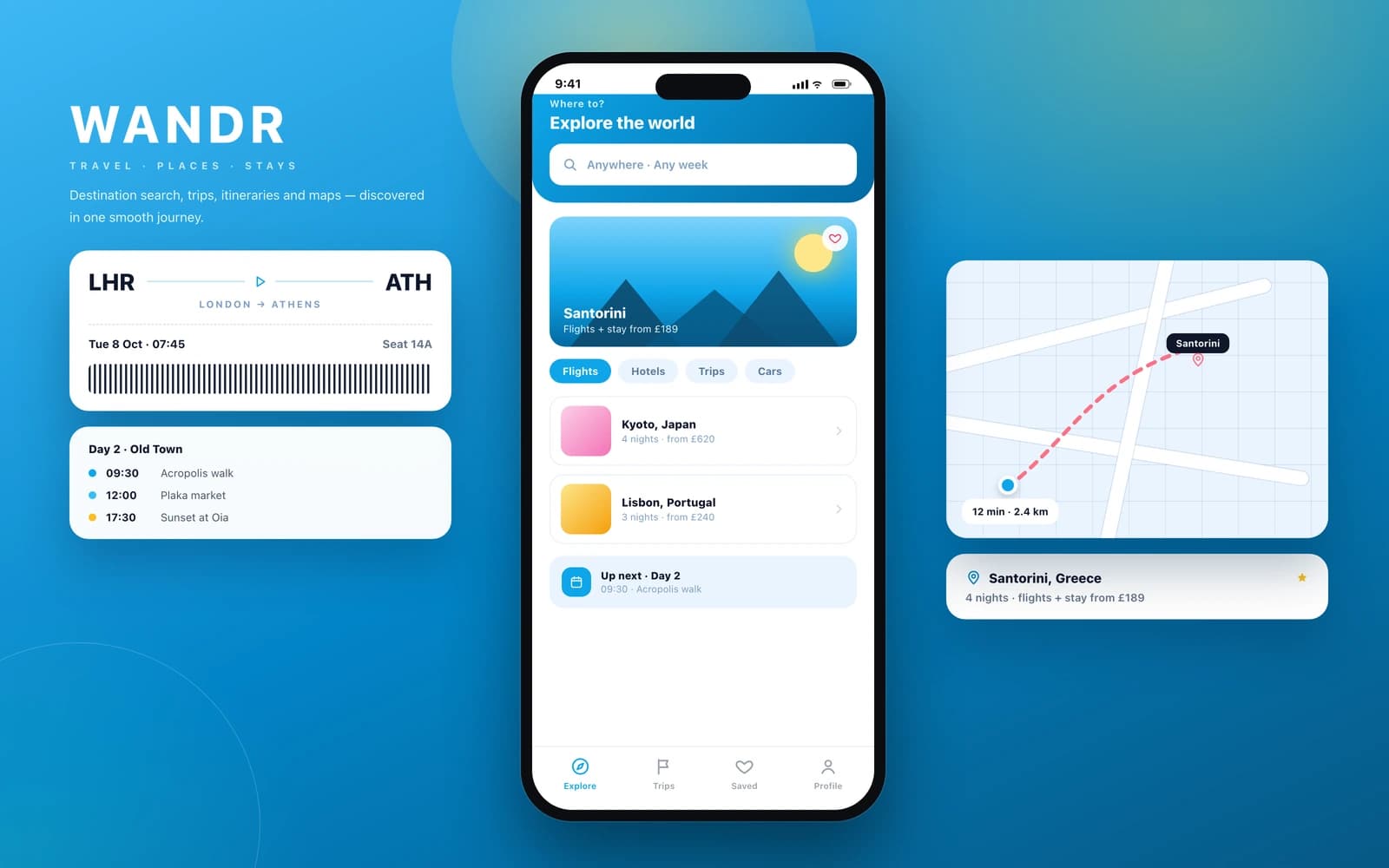 Advanced mobile app mockup — an azure travel app with destination search, trip cards, an itinerary and a map, beside a boarding pass