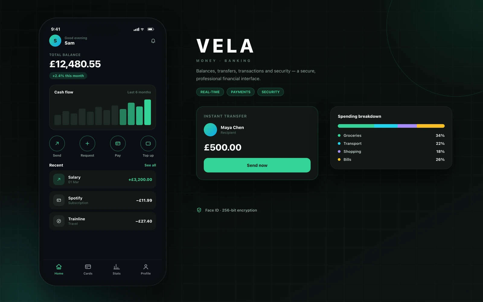 Custom mobile app mockup — a dark fintech banking app with a balance, cash-flow chart, quick actions and a transaction list in mint green
