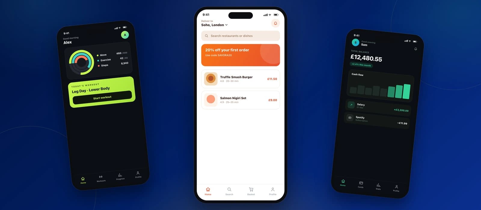 Premium mobile app design showcase — fitness, food delivery and banking app screens on a navy backdrop