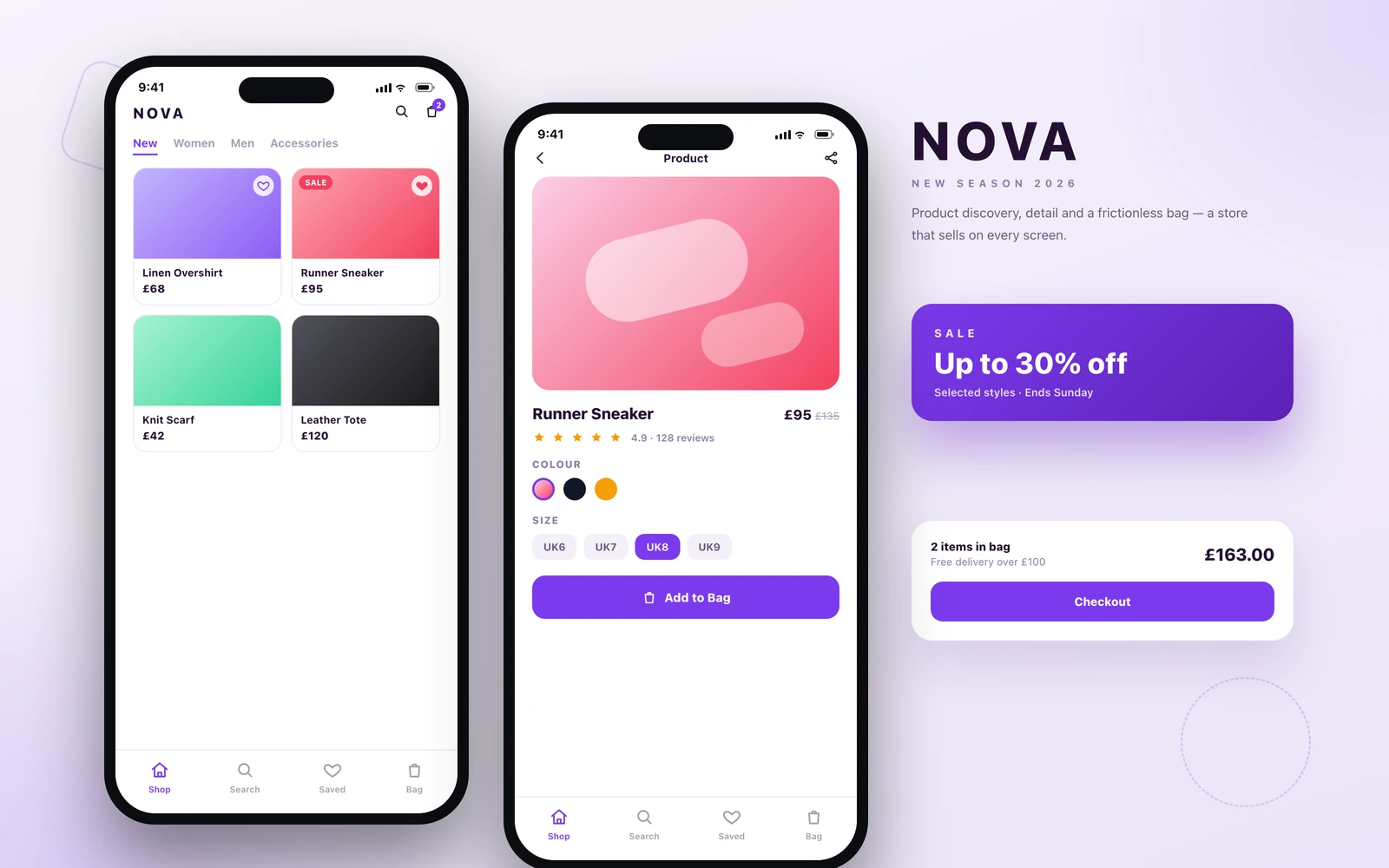Professional mobile app mockup — a light e-commerce app with a product grid, prices, a product detail screen and an add-to-bag flow in violet