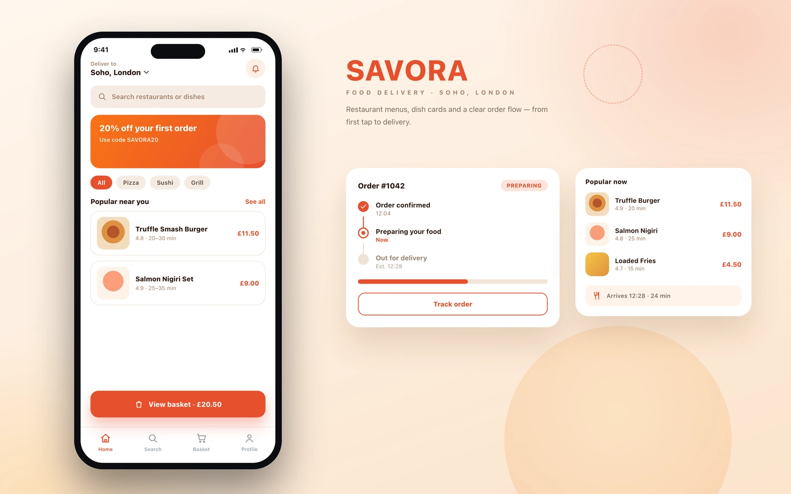 Starter mobile app mockup — a warm food delivery app with a promotion banner, dish cards, prices and a basket, beside an order-tracking card