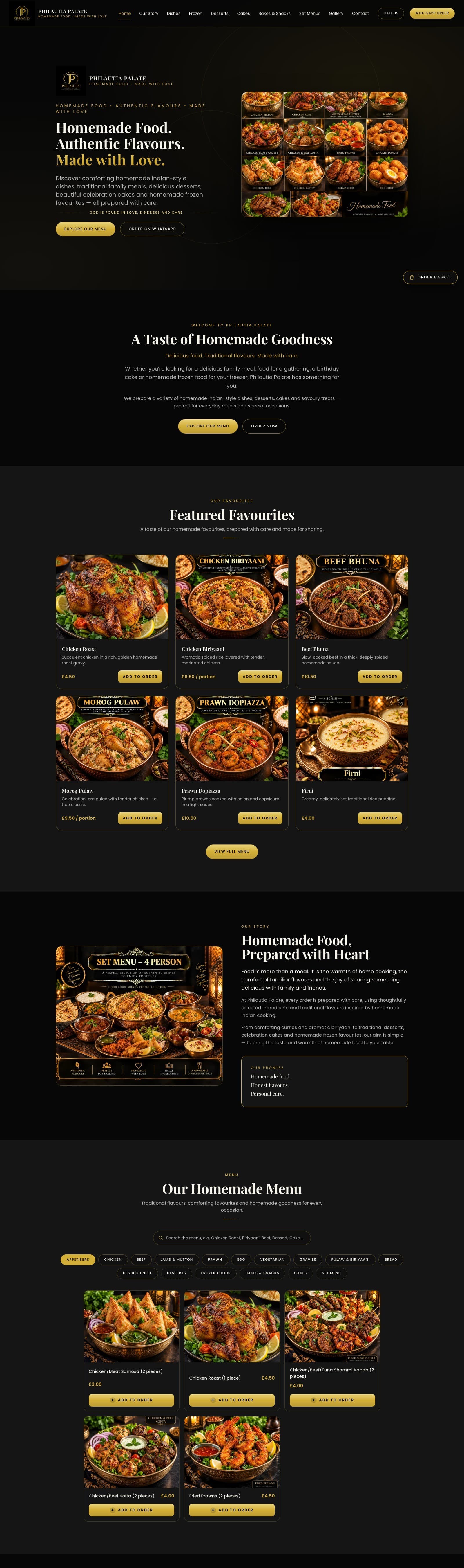 Philautia Palate desktop website — hero, story and menu in one continuous page