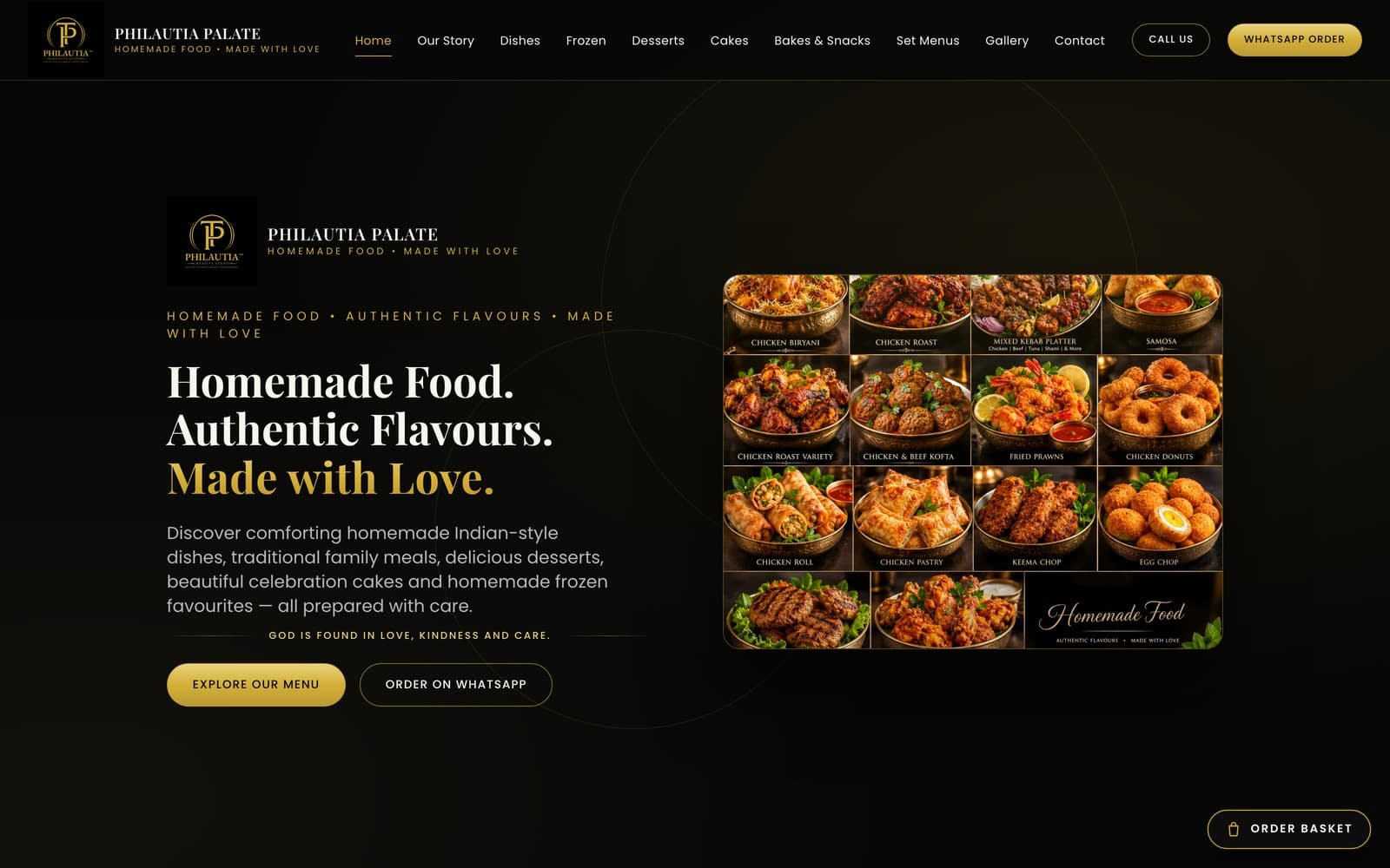 Philautia Palate restaurant website desktop homepage hero with the brand and headline