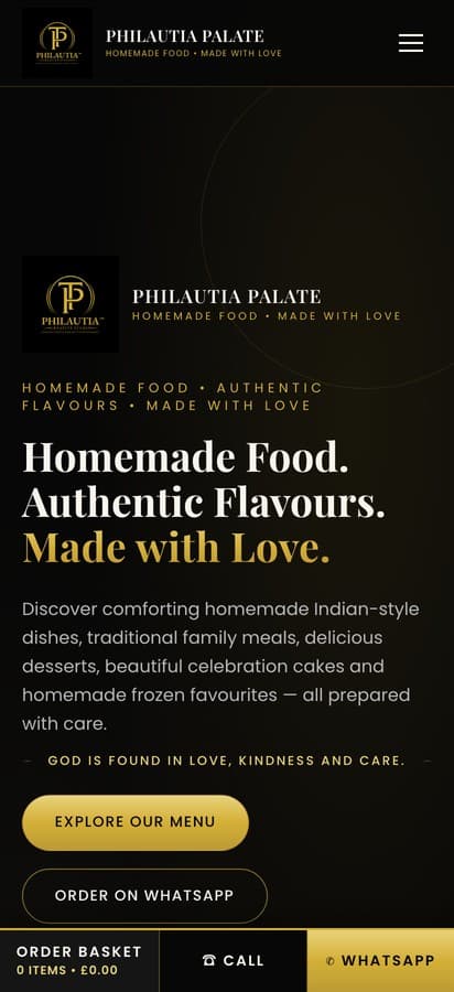 Philautia Palate mobile homepage hero with the brand and food imagery