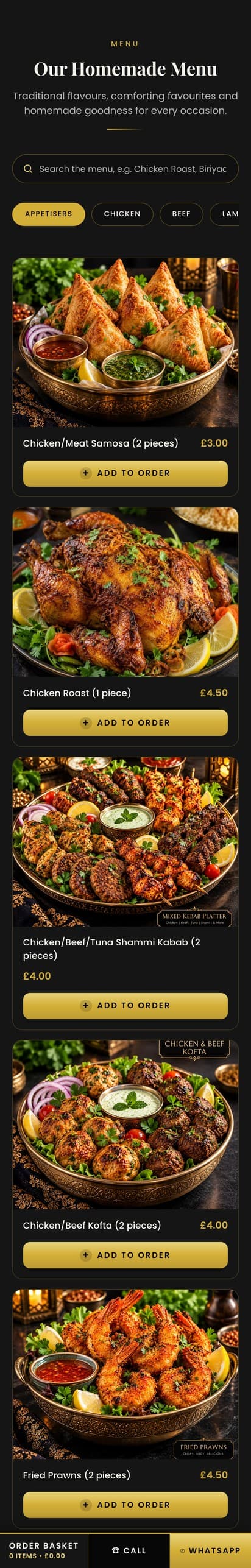 Philautia Palate mobile menu layout with dishes stacked for mobile reading