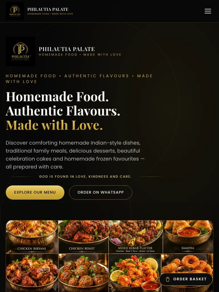 Philautia Palate restaurant website on a tablet viewport