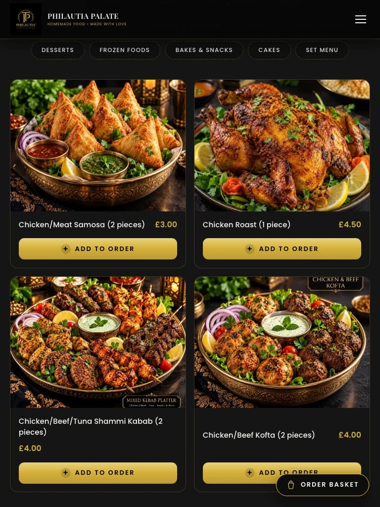 Philautia Palate menu section on a tablet viewport