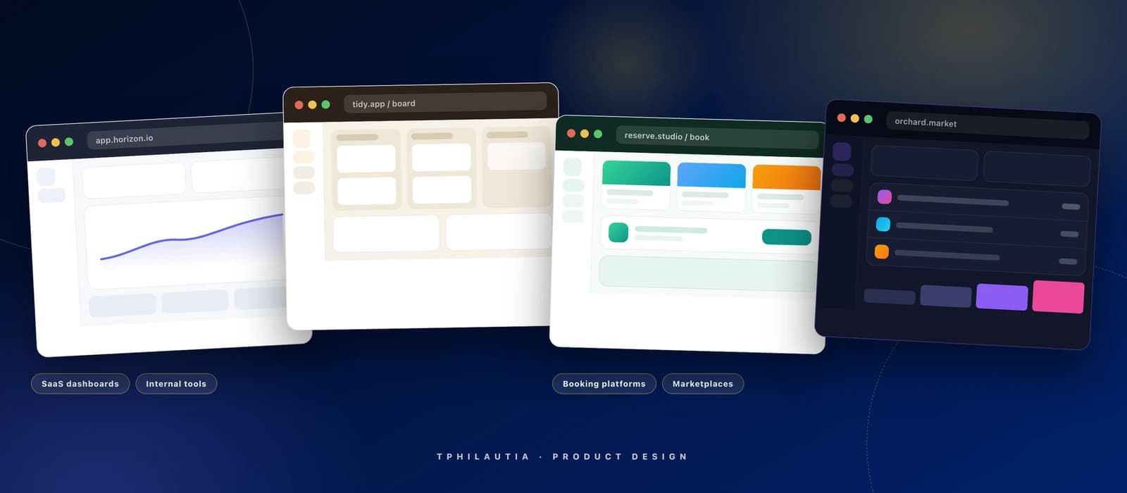 Premium product design showcase — SaaS dashboard, task board, booking platform and marketplace interfaces on a navy backdrop