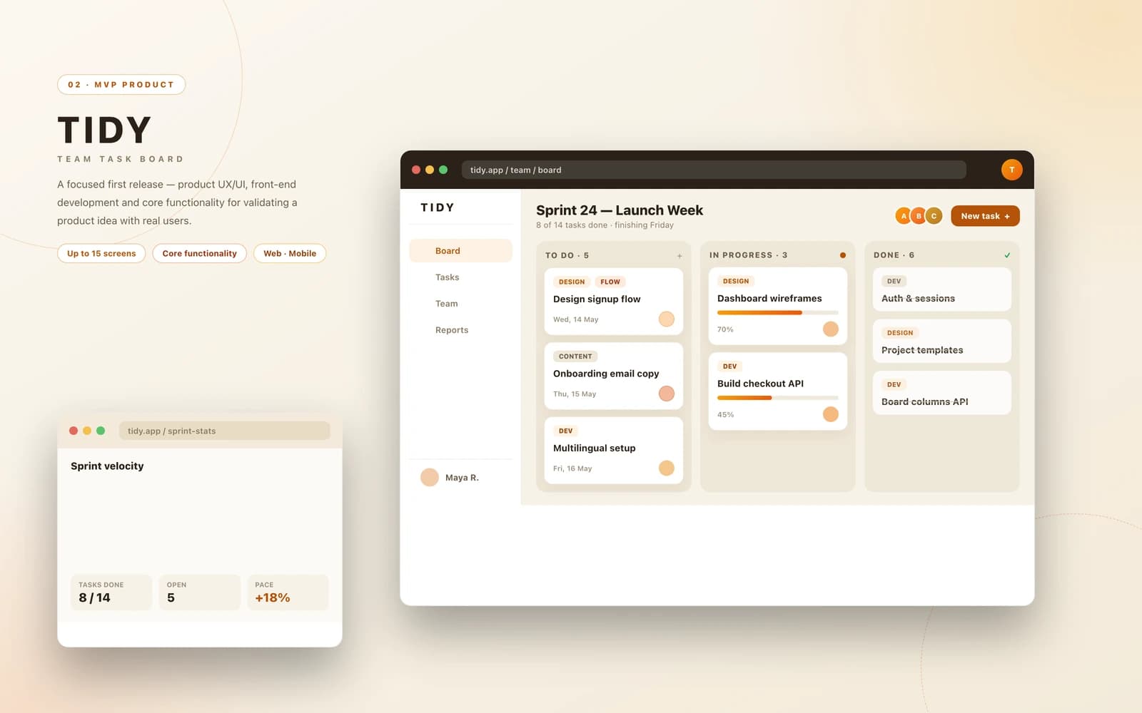 MVP product mockup — a warm team task board with to-do, in-progress and done columns, task cards and a sprint statistics panel