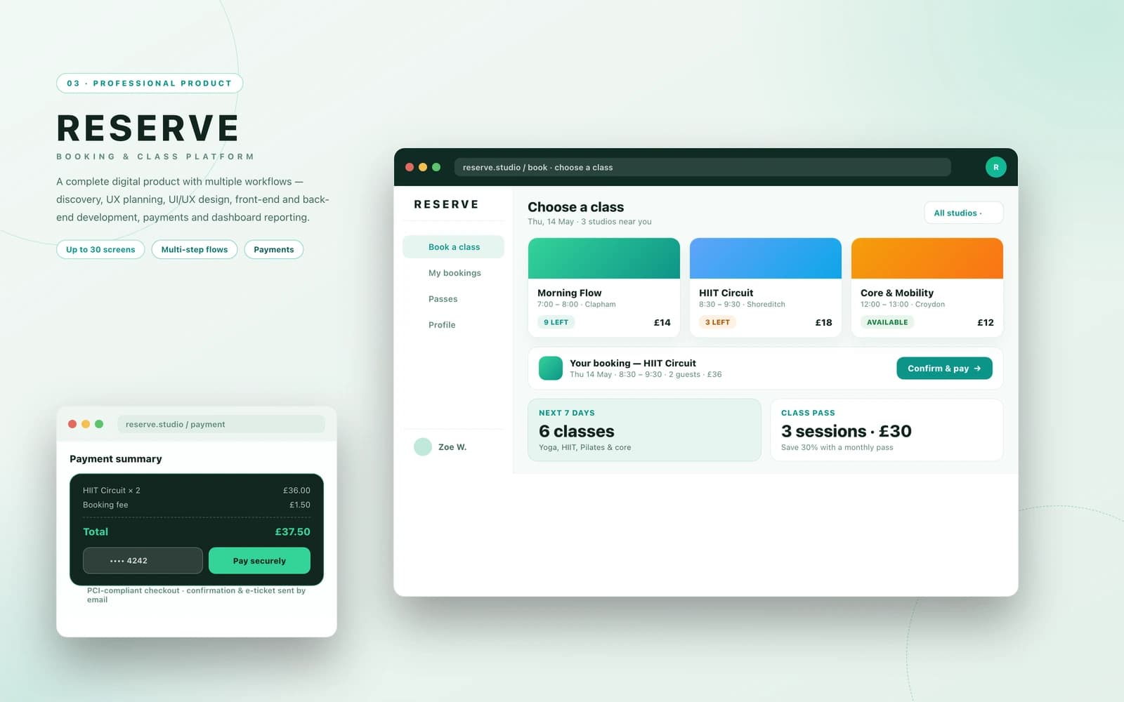 Professional digital product mockup — a light booking and class platform with service cards, a booking summary, payment panel and calendar in emerald green